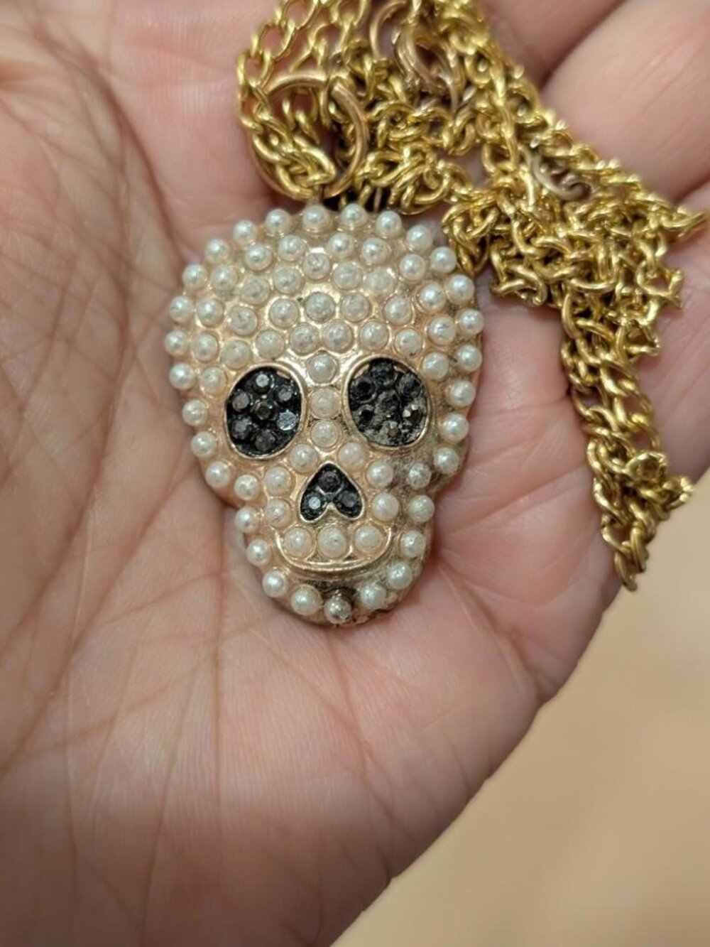 Vtg Halloween GT Skull with Small Pearls and Black Rhinestones Pendant Necklace